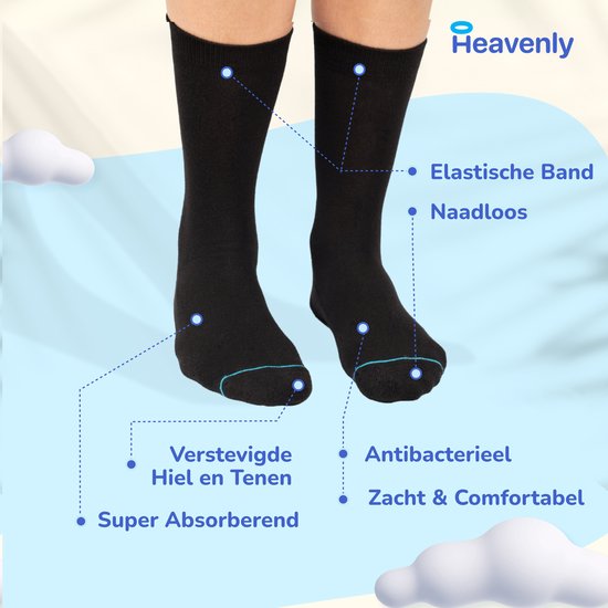 Zwarte sokken met details: elastische band, naadloos, verstevigde hiel/tenen, antibacterieel, zacht & comfortabel.