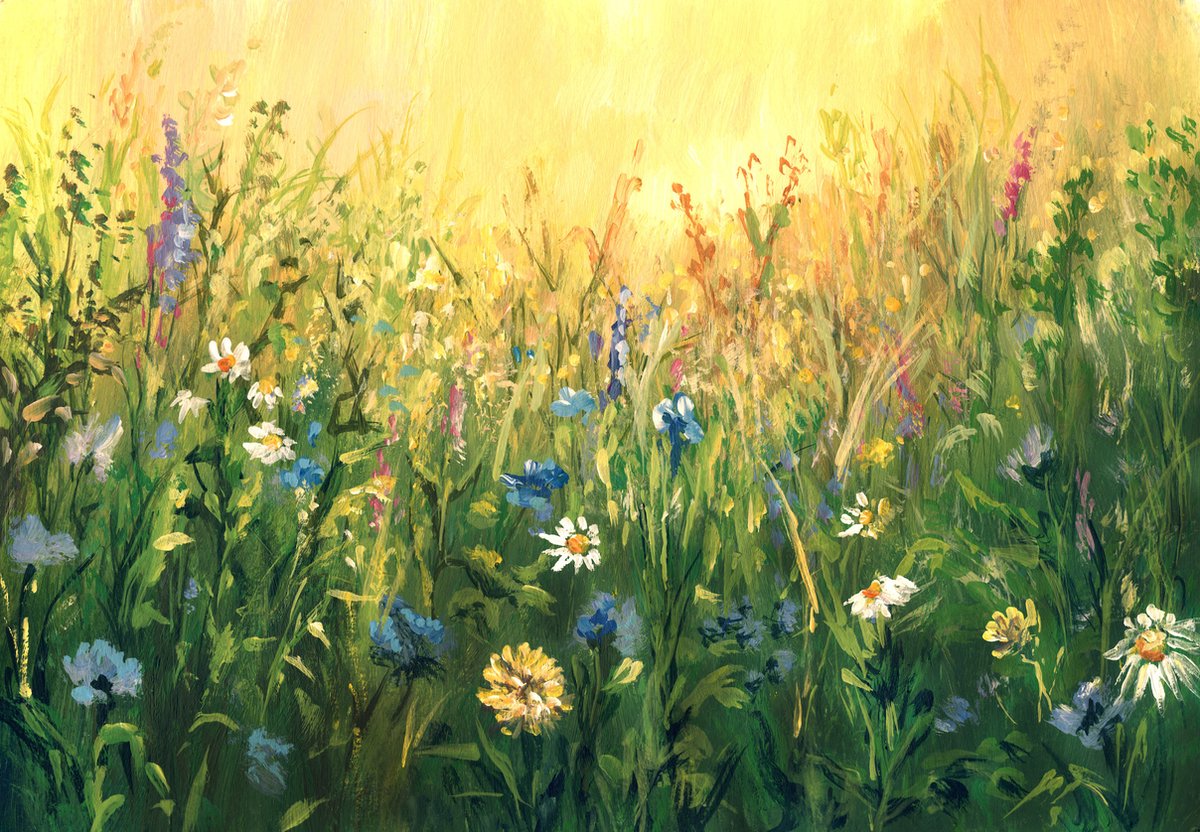 karo-art Schilderij - Zomer weide (print van aquarel) , Groen geel , 2 maten , Premium print Multikleur