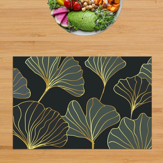BWK Textiele Placemat - Goud met Groene Getekende Bladeren - Set van 6 Placemats - 45x30 cm - Polyester Stof - Afneembaar