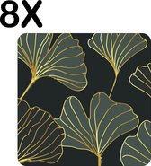 BWK Luxe Placemat - Goud met Groene Getekende Bladeren - Set van 8 Placemats - 50x50 cm - 2 mm dik Vinyl - Anti Slip - Afneembaar