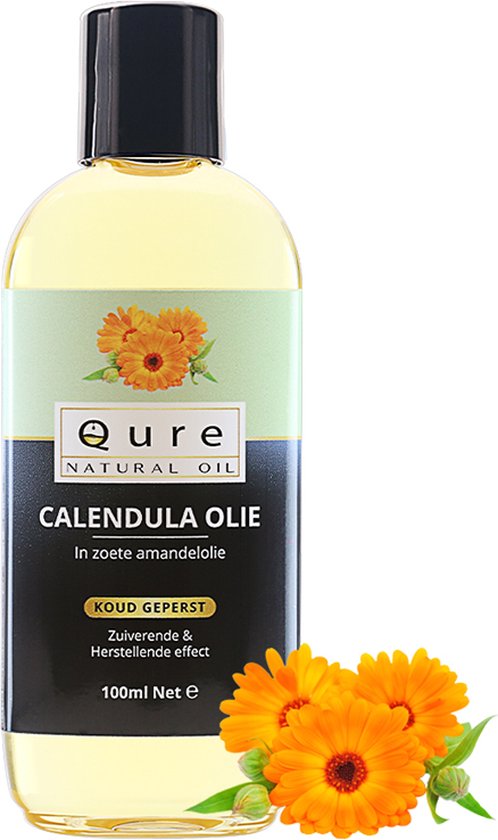 Fles Qure Calendula Olie 100ml in zoete amandelolie, met goud geperst, met bloemen.