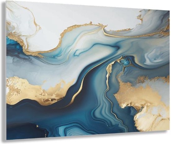 Glasschilderij abstract marmer blauw goud - Inclusief montagemateriaal