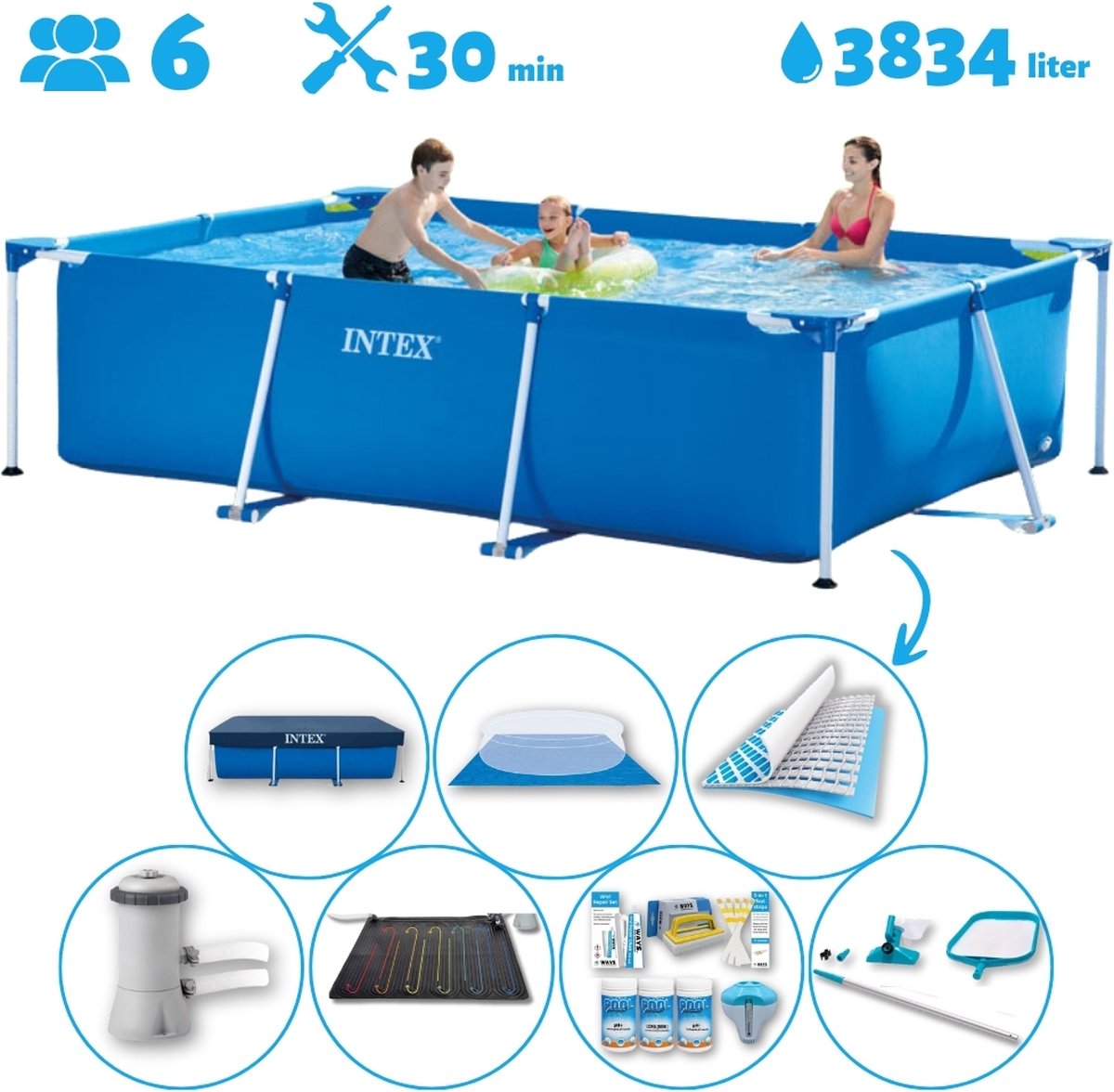 Intex Rechthoekig Opzetzwembad - 300 x 200 x 75 cm - Blauw - Inclusief Pomp - Solar Mat - Onderhoudspakket - Grondzeil - Afdekzeil - Schoonmaaktset