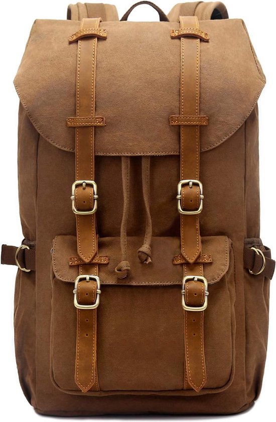 Outdoor Canvas Rugzak, Waterdicht Reizen Wandelen Kamperen Rugzak Tas, Grote Casual Dagrugzak, College School Rugtas, Schoudertas voor 15" Laptop Tablets