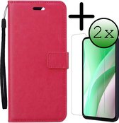 Hoes Geschikt voor Samsung A15 Hoesje Bookcase Hoes Flip Case Book Cover Met 2x Screenprotector - Hoesje Geschikt voor Samsung Galaxy A15 Hoes Book Case Hoesje - Donkerroze