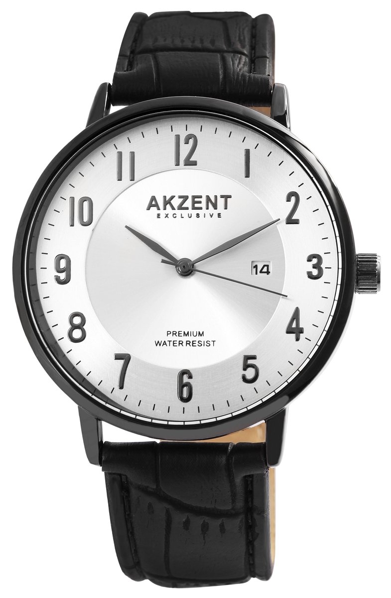 Akzent-Heren horloge-Datumaanduiding-Analoog-Rond-42MM-Zwart-Zwart lederen band.