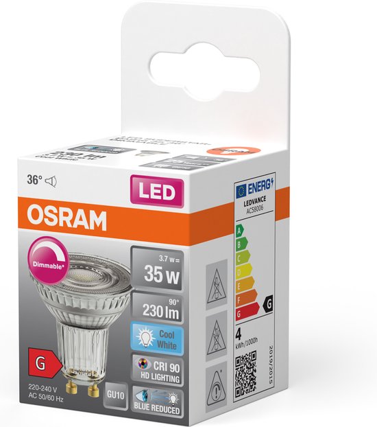 1x Osram GU10 PAR16 LED Spot | 3.7W 4000K 220V 940 | 36° Ø50mm Dimbaar