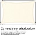 Crème rechthoekig schaduwdoek, met illustratie van hoe de maat wordt gemeten van oog tot oog.