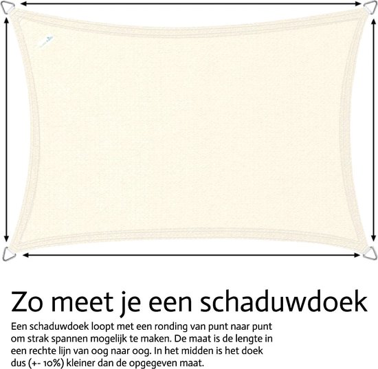 Crème rechthoekig schaduwdoek, met illustratie van hoe de maat wordt gemeten van oog tot oog.