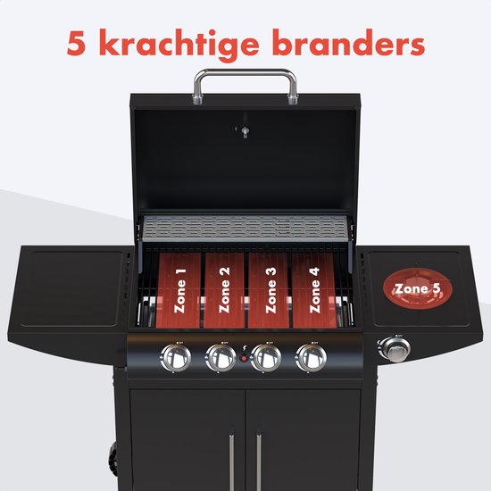 KitchenBrothers Gas BBQ - Gasbarbecue met zijbrander - 5 Branders - Met Gasaansluiting - 42x57cm Grilloppervlak - Extra Opbergruimte - Zwart - KitchenBrothers