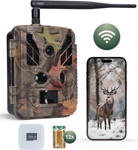 MasonPro WildCamera - Wildcamera met Nachtzicht - Wildcamera voor Buiten – Wildcamera met Nachtzicht en Wifi - Wild Camera - Nachtcamera - Waterdicht - Wifi APP - 4K Ultra HD & 48MP – Incl. 12 batterijen - Incl. 128GB SD kaart - Incl. Tripod