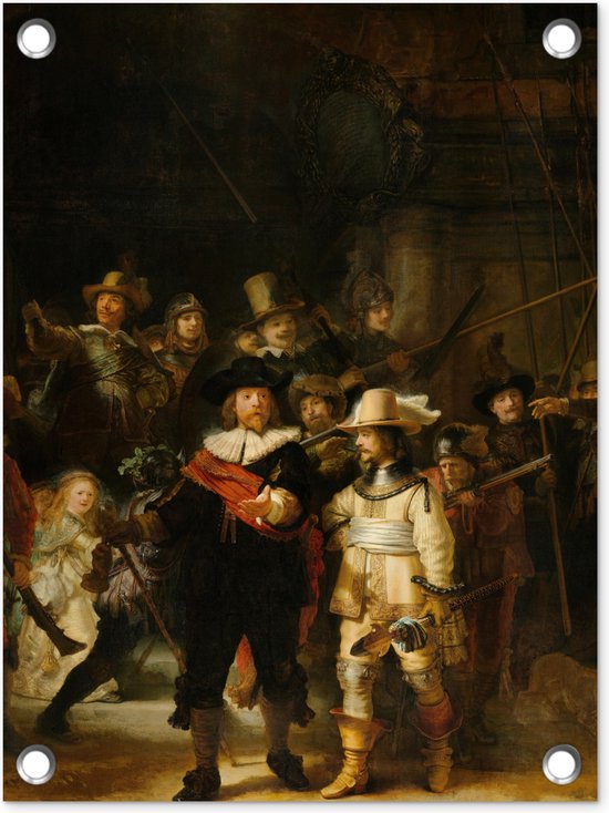 Tuin decoratie De Nachtwacht - Schilderij van Rembrandt van Rijn - 30x40 cm - Tuindoek - Buitenposter