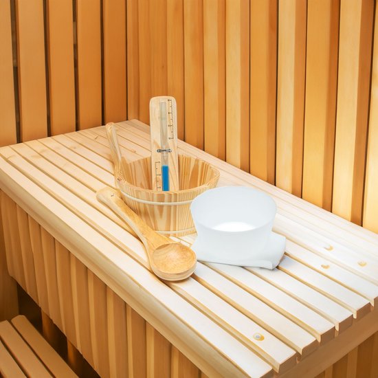Intirilife 3-delige houten saunaset - sauna emmer met 4 liter inhoud, opgietlepel en zandloper - sauna accessoires emmer opgietklok - Intirilife