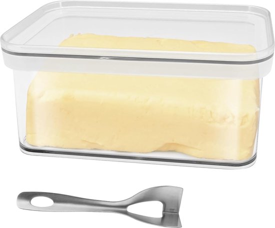 Grote botervloot met botermes, kunststof boterhouder met deksel, duurzame botertuppers, boterschaal, transparant, multifunctionele boterbox voor huishouden en keuken