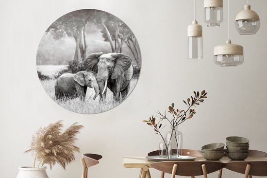 Cercle mural - Cercle mural intérieur - Bébé éléphant avec sa mère en noir et blanc - ⌀ 120 cm - Décoration murale - Peintures ronds XXL