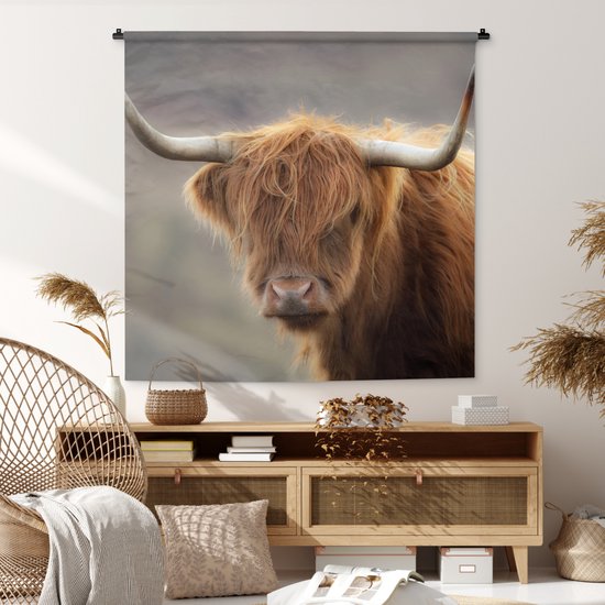 Tenture murale - Tissu mural - Highlander écossais - Cornes - Cheveux - 120x120 cm - Tapisserie