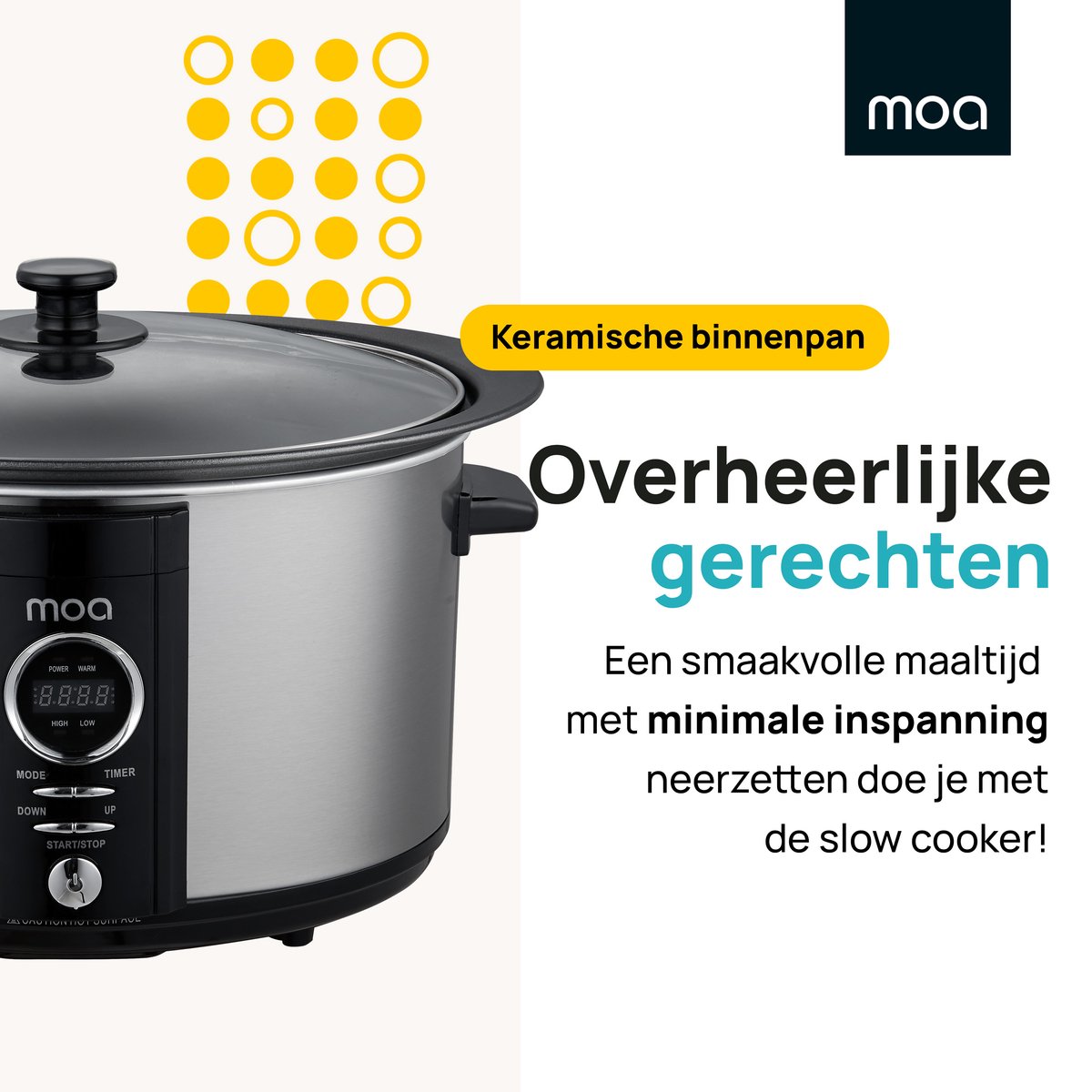 Afbeelding 3 van MOA Slowcooker met Timer - 6,5L - Ø 24,5cm - Aluminium Binnenpan - Doorzichtige Deksel - 3 Warmtestanden - Vaatwasserbestendig - BPA-vrij - RVS