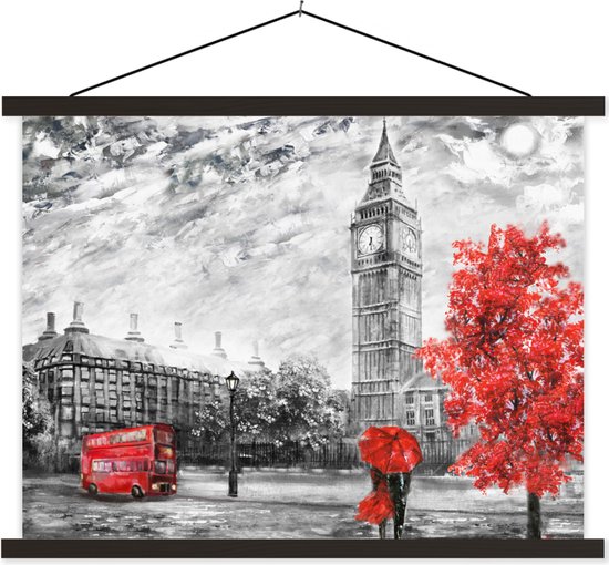 Porte-affiche avec affiche - Affiche scolaire - Peinture - Big Ben - Rouge - Parapluie - 40x30 cm - Lattes noires