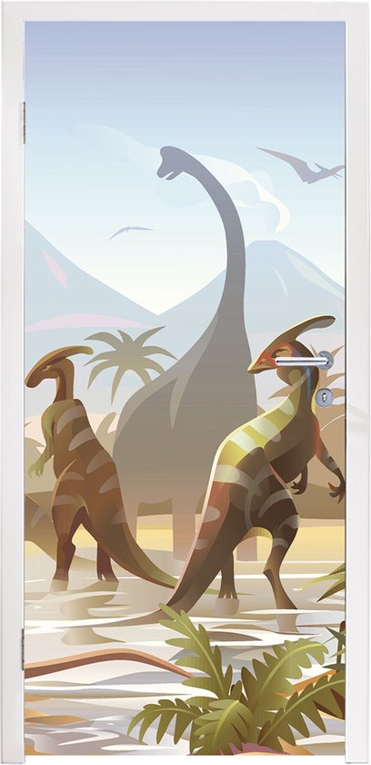 Sticker de porte dinosaures - Décoration chambre d'enfant - Dinosaurus - Paysage - Tropical - Enfants - Garçons - 90x215 cm - Décoration chambre