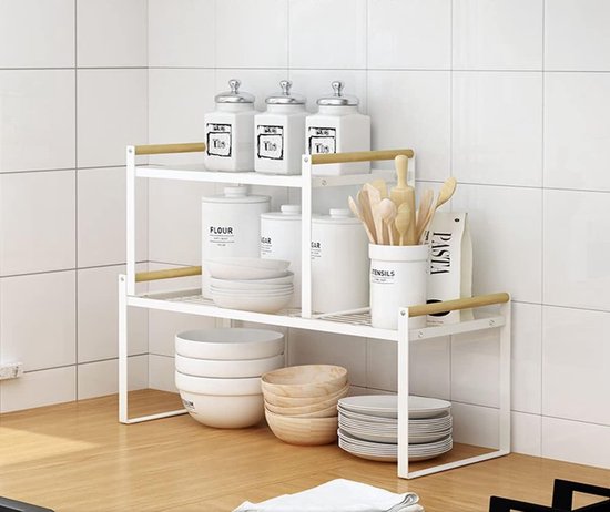 Foto: Set van 2 keukenrekken kruidenrekken ijzer en houten handvat geschikt voor thuis keuken en keukenkast organizer plankinzet wit 35 x 21 x 20 53 x 21 x 20 