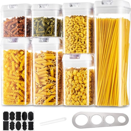 Foto: Voorraaddozen opbergdoos keuken voorraaddozen opslagcontainers opslag 7 stuks luchtdichte pastacontainers set met wit eenvoudig slot deksel stapelbaar voedsel opslag voor spaghetti muesli cornflakes