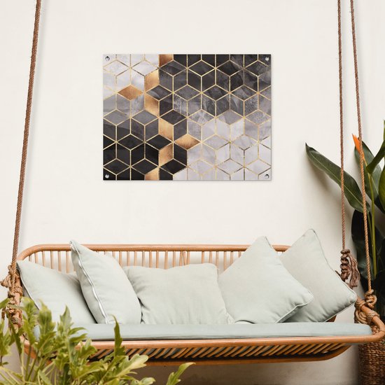 Tableau jardin Abstrait - Cube - Goud - Motifs - Zwart - Wit - 80x60 cm - Affiche jardin - Toile jardin - Affiche extérieur