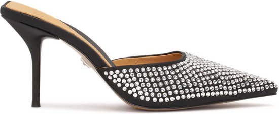 Black heeled mules with silver crystals