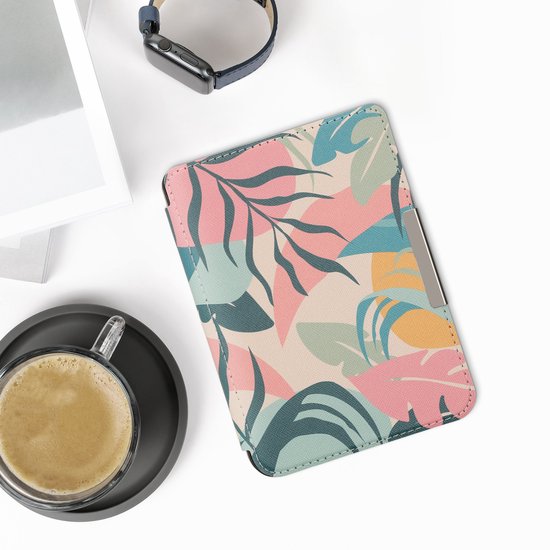kwmobile e-reader hoesje geschikt voor Kobo Clara 2E hoes - E reader flip case met magnetische sluiting - Ereader cover - Tropische jungle design in poederroze / geel / groen van Merkloos — afbeelding 5