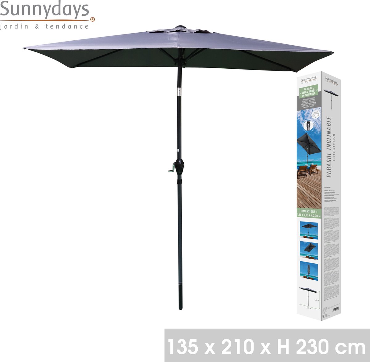 Rectangular anthracite gray tilt parasol by Sunnydays, measuring 135x210cm.