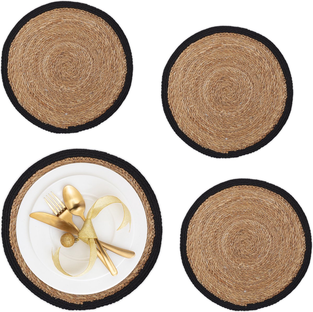 placemat waterhyacint - set van 4 - eettafel - ronde onderleggers Ø 37 cm - natuur-zwart