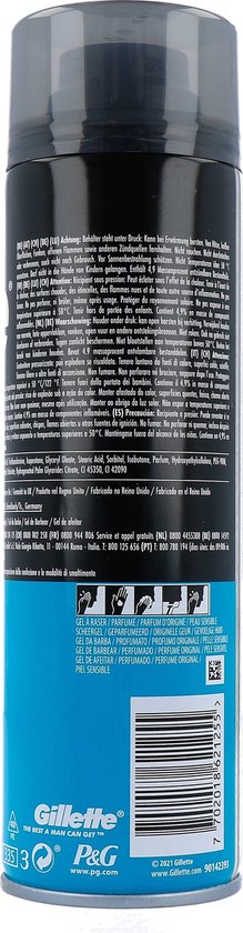 Gillette scheergel met blauwe en zwarte opdruk en blauwe band aan onderzijde.