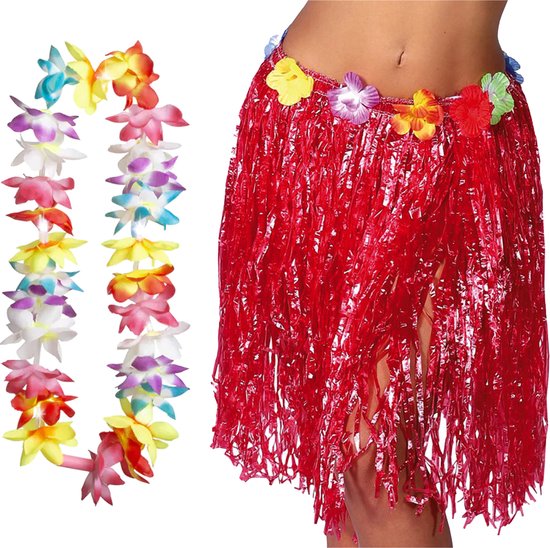 Toppers in concert - Hawaii verkleed hoela rokje en bloemenkrans met led - volwassenen - rood - tropisch themafeest