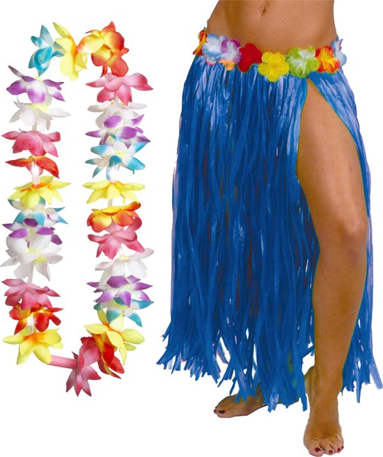 Hawaii verkleed hoela rokje en bloemenkrans met led - volwassenen - blauw - tropisch themafeest