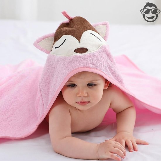 BoefieBoef Vos Baby Badcape - Eco Bamboe Katoen Kinder Handdoek - Badponcho - Peuter Badjas - Kleuter Strandlaken - 0 tot 5 jaar - Dieren 75x75 - Roze - Jongens en Meisjes - Badstof - Perfect Kerst- en Kraamcadeau - omslagdoek van BoefieBoef — afbeelding 5