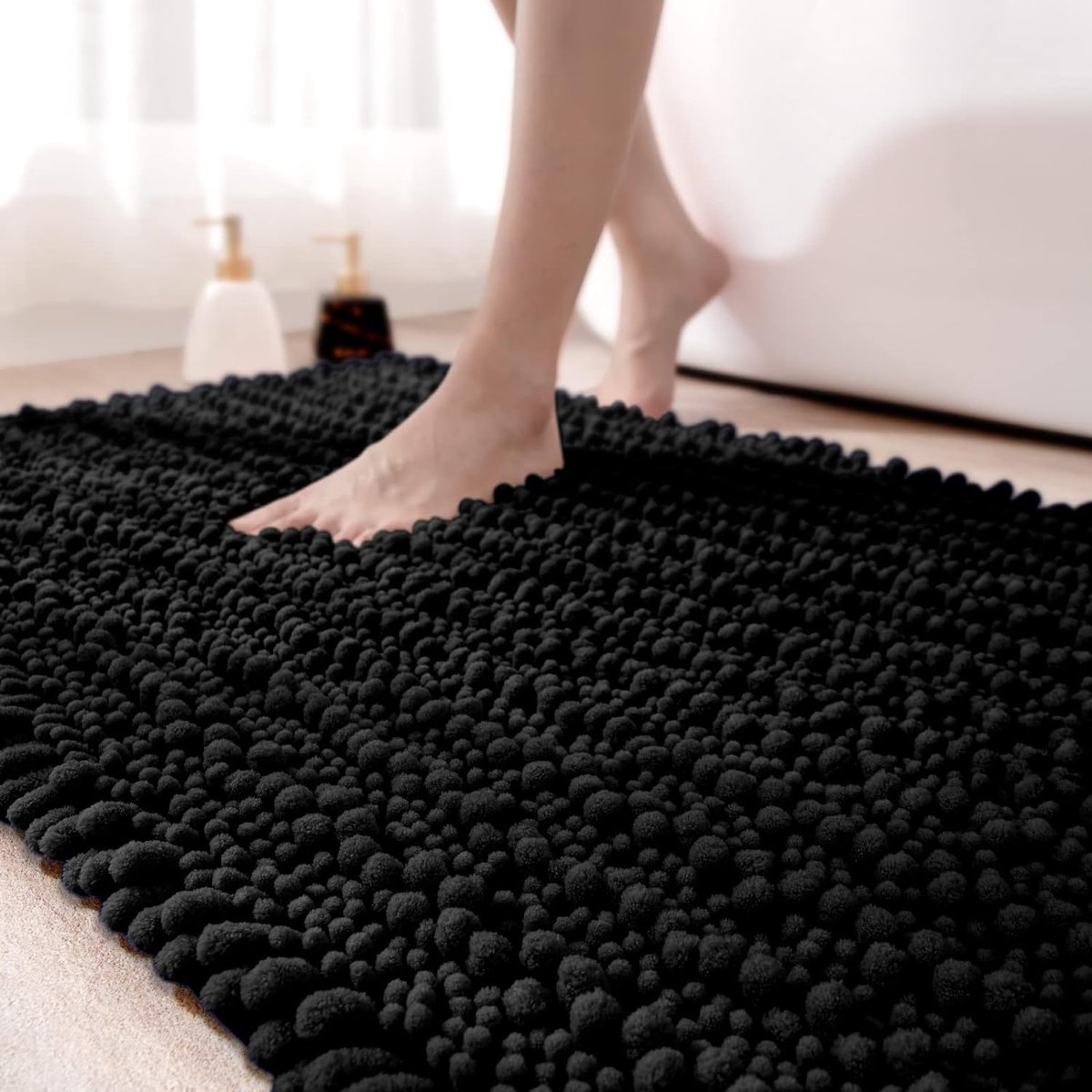Badkamertapijt, 60 x 110 cm, chenille badmat, antislip, zachte badmat, machinewasbaar, microvezel, absorberend, voor badkuip, douche en badkamer, zwart