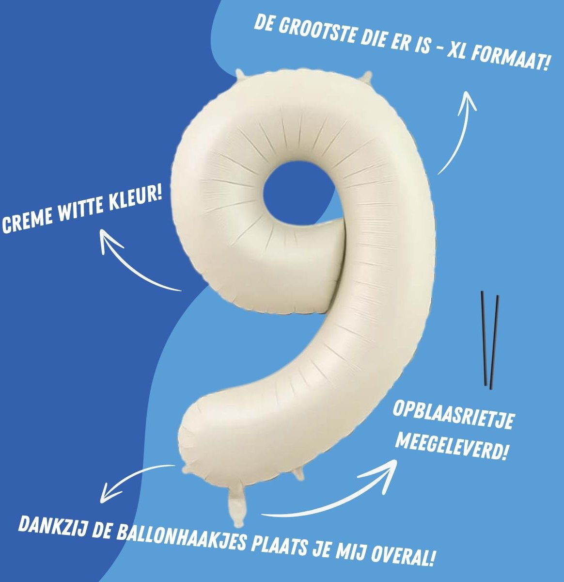 Folieballon Cijfer 9 Jaar Verjaardag Versiering Cijferballon Feest Decoratie Helium Ballonnen Folie Nude Wit - Xl — afbeelding 2