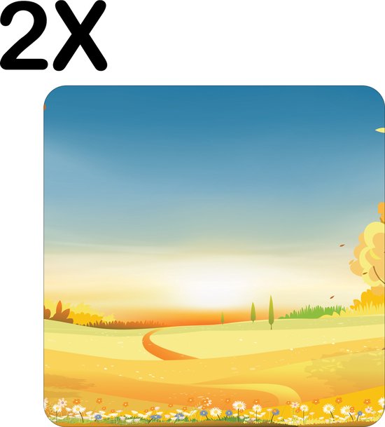 BWK Flexibele Placemat - Getekend - Rustgevend Herfst Landschap - Set van 2 Placemats - 40x40 cm - PVC Doek - Afneembaar