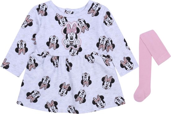Kledingsetje: grijze jurk + roze panty, comfortabel en met mooie afbeeldingen- Minnie Mouse DISNEY