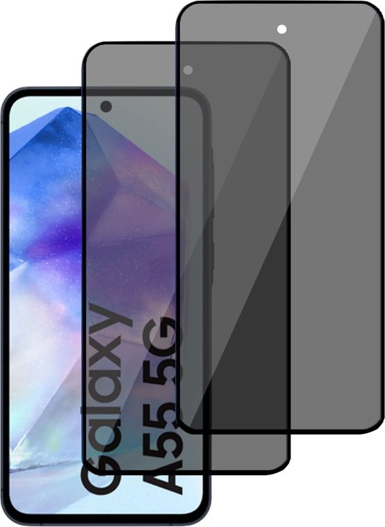 Twee privacy screenprotectors, één met een gedeeltelijke Samsung A55 5G weergave, en twee donkere, transparante protectors ernaast.