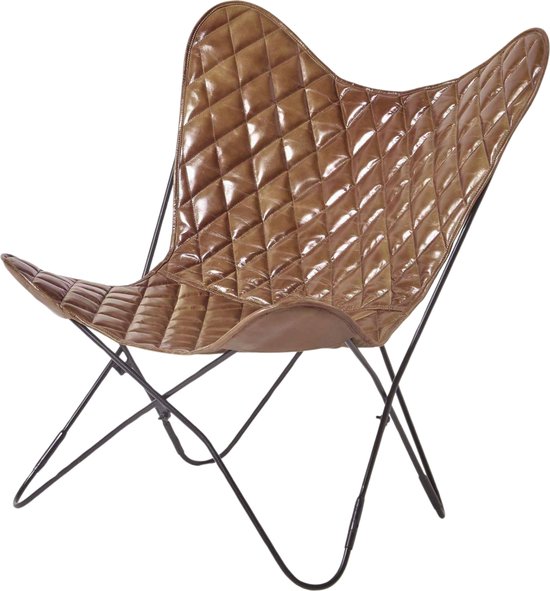 Homescapes Fauteuil papillon en cuir marron, motifs losanges