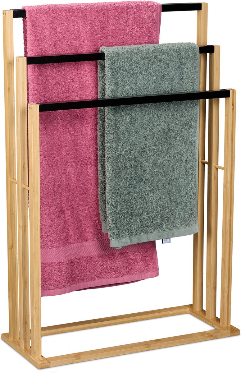 Relaxdays staand handdoekenrek - 3 stangen - bamboe handdoekstandaard - badhanddoeken