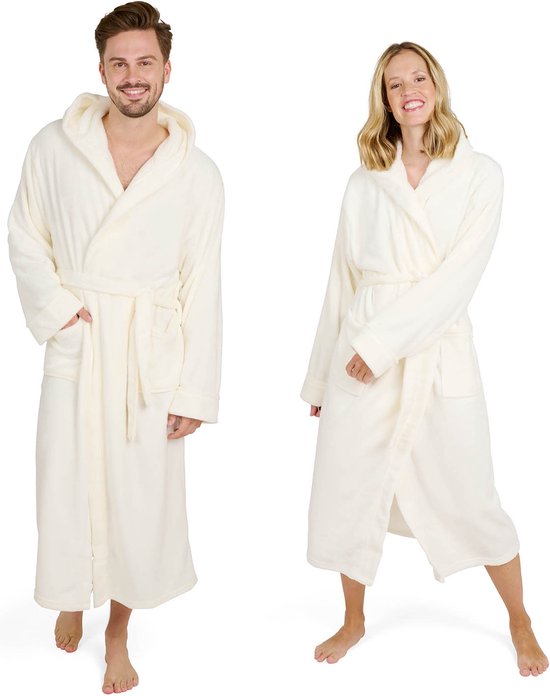 Blumtal Badjas Unisex - Dames en Heren Badjas - Fleece Badjas met Capuchon - met Zakken - Gebroken Wit - Maat S
