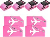 Kofferriem en naamplaatje in set (elk 4 stuks), 7 opvallende kleuren naar keuze, bagageband omvang tot 1,82 m, kofferschild van siliconen, roze