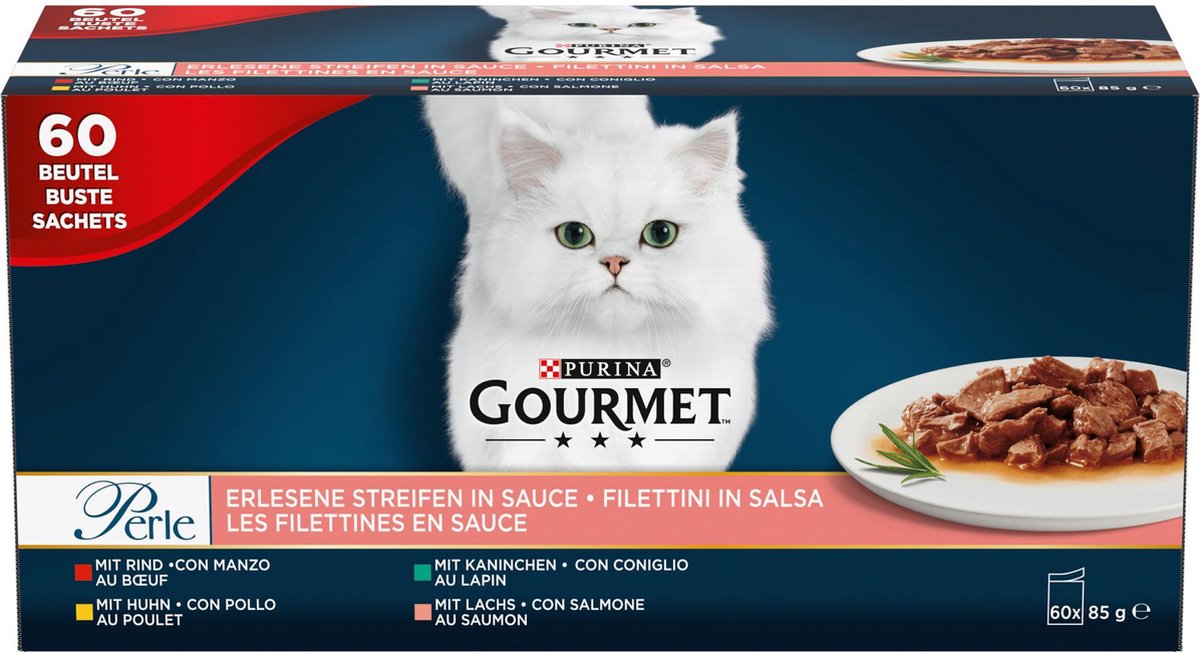Gourmet Perle Mini Filets in saus - Kattenvoer Natvoer - Kip Konijn Rund & Zalm - 60 x 85 g op Prijzenvolger.com