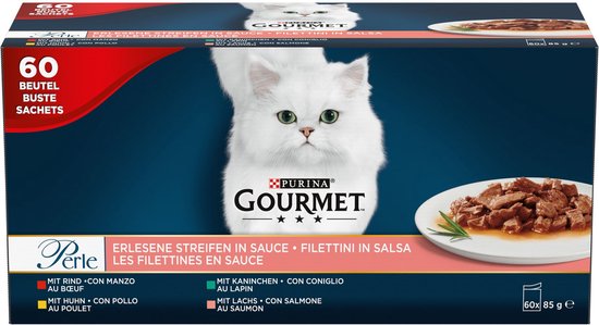 Gourmet Perle Mini Filets in saus - Kattenvoer Natvoer - Kip Konijn Rund & Zalm - 60 x 85 g - Gourmet