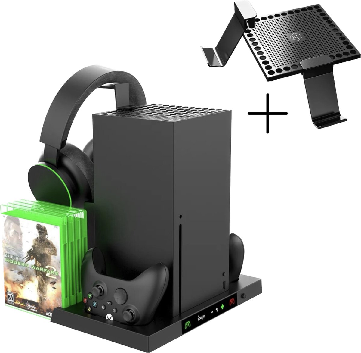 Xbox Series X standaard met luchtventilatie + oplaadstation met spellen houder + luchtfilter met headset, controller houder