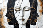 JJ-Art (Canvas) 120x80 | 3 Vrouwen, portret,, abstract, surrealisme, gecraqueleerd, kunst | gezicht, mens, bruin, zwart wit, oog lippen, modern | Foto-Schilderij canvas print (wanddecoratie)