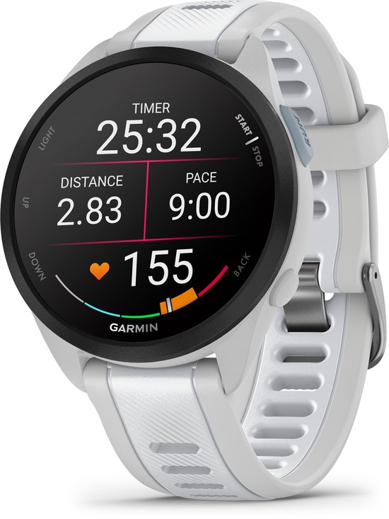 Garmin Forerunner 165 smartwatch met wit bandje, scherm toont timer 25:32, afstand 2.83, tempo 9:00, hartslag 155.