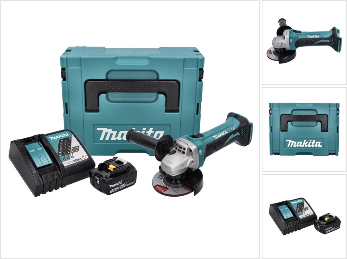 Makita DGA 452 RG1J accu haakse slijper 18 V 115 mm + 1x accu 6,0 Ah + oplader + Makpac