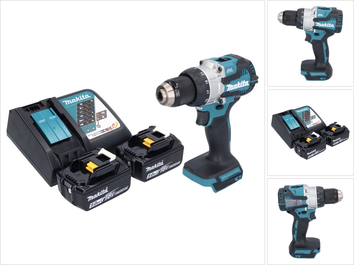 Makita DHP 489 RT accu klopboormachine 18 V 73 Nm borstelloos + 2x accu 5.0 Ah + lader